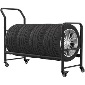 Rolling Tire Rack, 2 in 1 Metal Tire Storage and Transport Trailer, 43.3x34x13.7 Inch Heavy Duty Tire Stand, Mobile Tire Storage Rack Cart with 4 Wheels for Home Garage, Auto Repair Shop, Tire Shop
