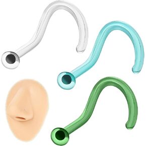 ZS 3Pcs Glass Nose Piercing Retainer Clear Nose Studs, 18G Curved Cartilage Conch Helix Clear Nose Rings Septum Piercing Jewelry for Men Women