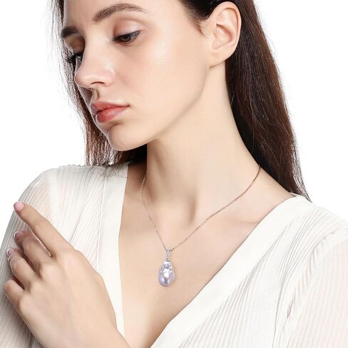 Baroque Pearl Pendant Necklace, Freshwater/Saltwater Cultured Pearl 13-15mm, 925 Sterling Silver Necklace, 18K White Gold Plated Adjustable Chain 18+2IN, Jewelry Gifts for Women in Saudi Arabia