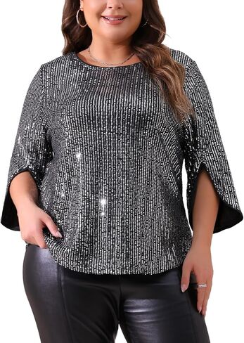 Agnes Orinda Plus Size Tops for Women Glitter 3/4 Slit Sleeve Crew Neck Shimmer Sparkle Sequin Party Blouse Tops in Kuwait