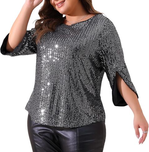 Agnes Orinda Plus Size Tops for Women Glitter 3/4 Slit Sleeve Crew Neck Shimmer Sparkle Sequin Party Blouse Tops in Kuwait