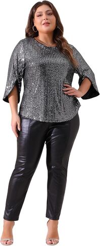 Agnes Orinda Plus Size Tops for Women Glitter 3/4 Slit Sleeve Crew Neck Shimmer Sparkle Sequin Party Blouse Tops in Kuwait