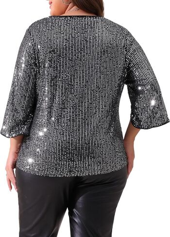 Agnes Orinda Plus Size Tops for Women Glitter 3/4 Slit Sleeve Crew Neck Shimmer Sparkle Sequin Party Blouse Tops in Kuwait