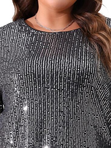 Agnes Orinda Plus Size Tops for Women Glitter 3/4 Slit Sleeve Crew Neck Shimmer Sparkle Sequin Party Blouse Tops in Kuwait
