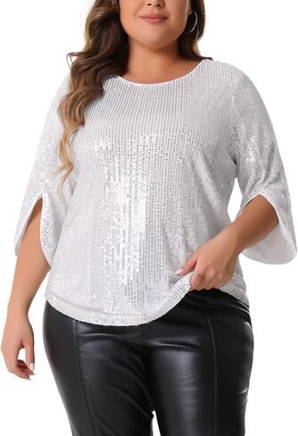 Agnes Orinda Plus Size Tops for Women Glitter 3/4 Slit Sleeve Crew Neck Shimmer Sparkle Sequin Party Blouse Tops in Kuwait
