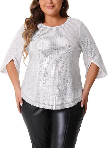 Agnes Orinda Plus Size Tops for Women Glitter 3/4 Slit Sleeve Crew Neck Shimmer Sparkle Sequin Party Blouse Tops in Kuwait