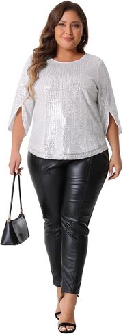 Agnes Orinda Plus Size Tops for Women Glitter 3/4 Slit Sleeve Crew Neck Shimmer Sparkle Sequin Party Blouse Tops in Kuwait