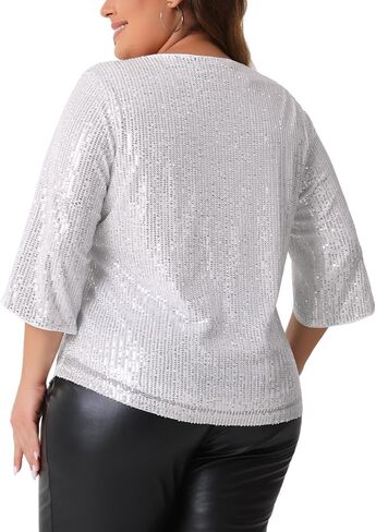 Agnes Orinda Plus Size Tops for Women Glitter 3/4 Slit Sleeve Crew Neck Shimmer Sparkle Sequin Party Blouse Tops in Kuwait