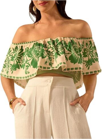 SweatyRocks Women's Off The Shoulder Floral Blouse Ruffle Short Sleeve Crop Boho Tops in Saudi Arabia