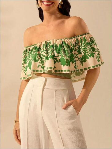 SweatyRocks Women's Off The Shoulder Floral Blouse Ruffle Short Sleeve Crop Boho Tops in Saudi Arabia