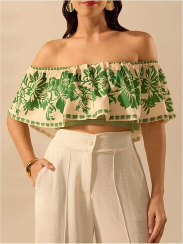 SweatyRocks Women's Off The Shoulder Floral Blouse Ruffle Short Sleeve Crop Boho Tops in Saudi Arabia