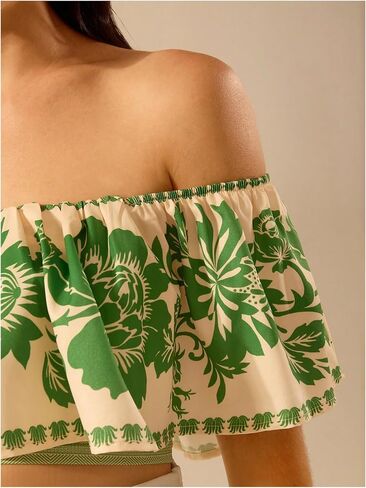 SweatyRocks Women's Off The Shoulder Floral Blouse Ruffle Short Sleeve Crop Boho Tops in Saudi Arabia