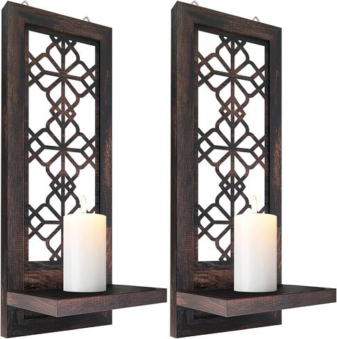 Set of 2 Candle Sconces, Farmhouse Accent Wall Sconce, Caramel Color Candle Holder Wall Decorations for Home Décor, Living Room, Dining Room.(15 x6 in) in Saudi Arabia