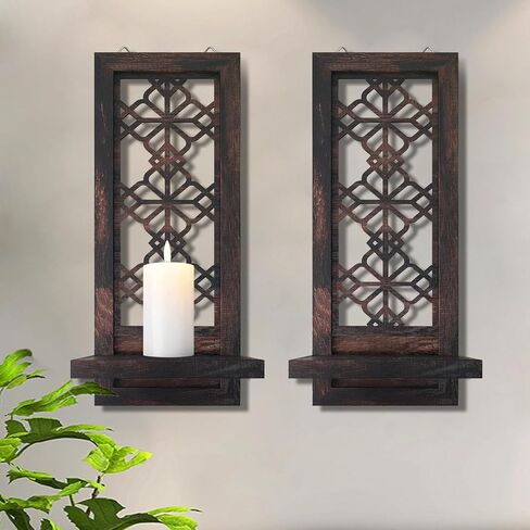 Set of 2 Candle Sconces, Farmhouse Accent Wall Sconce, Caramel Color Candle Holder Wall Decorations for Home Décor, Living Room, Dining Room.(15 x6 in) in Saudi Arabia