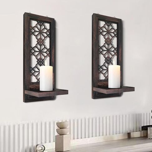 Set of 2 Candle Sconces, Farmhouse Accent Wall Sconce, Caramel Color Candle Holder Wall Decorations for Home Décor, Living Room, Dining Room.(15 x6 in) in Saudi Arabia