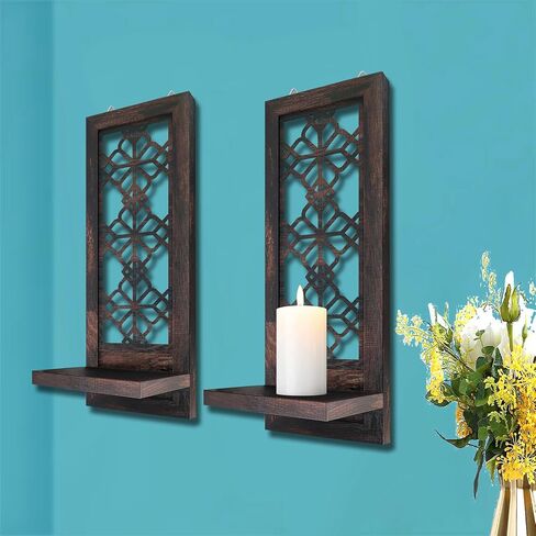 Set of 2 Candle Sconces, Farmhouse Accent Wall Sconce, Caramel Color Candle Holder Wall Decorations for Home Décor, Living Room, Dining Room.(15 x6 in) in Saudi Arabia
