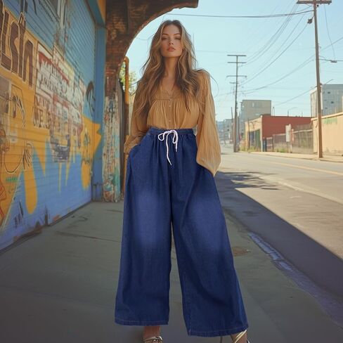 بنطال جينز نسائي واسع الساق من UQJE من قماش الدنيم الفضفاض بخصر عالٍ مع جيوب in Kuwait