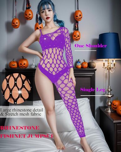 Sexy Rave Outfits for Women Sparkly Rhinestone Fishnet Bodysuit Mesh Jumpsuit One Leg Bodystocking in Saudi Arabia