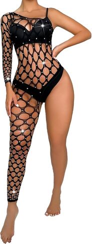 Sexy Rave Outfits for Women Sparkly Rhinestone Fishnet Bodysuit Mesh Jumpsuit One Leg Bodystocking in Saudi Arabia