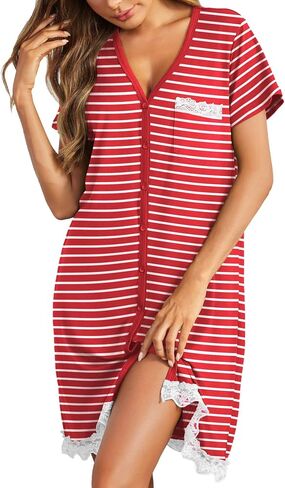 Ekouaer Nightgowns for Women Button Down Nightgown Striped Dress Short Sleeve Sleepwear S-3XL in Saudi Arabia