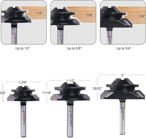 45 Degree Lock Miter Router Bit 1/4 Inch Shank and 1/2 Shank, for 1/2", 3/4", 1" Cutting Height, 3PCS Joint Router Bits, Woodworking Tools Milling Cutter, Easy to Create Lock Miter Joint in Saudi Arabia