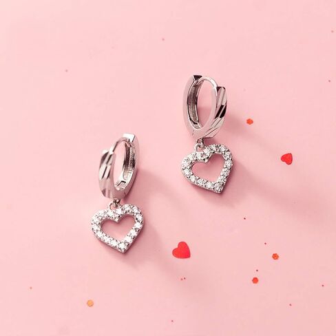 SLUYNZ Solid 925 Sterling Silver Small CZ Heart Earrings Hoop for Women Teens Sweet Love Heart Hoop Earrings Huggie in Saudi Arabia
