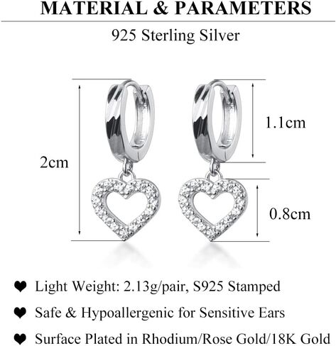 SLUYNZ Solid 925 Sterling Silver Small CZ Heart Earrings Hoop for Women Teens Sweet Love Heart Hoop Earrings Huggie in Saudi Arabia