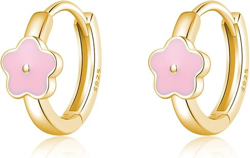 SLUYNZ Solid 925 Sterling Silver Pink Flower Earrings Hoop for Women Teens Cute Flower Hoop Earrings Huggie in Saudi Arabia
