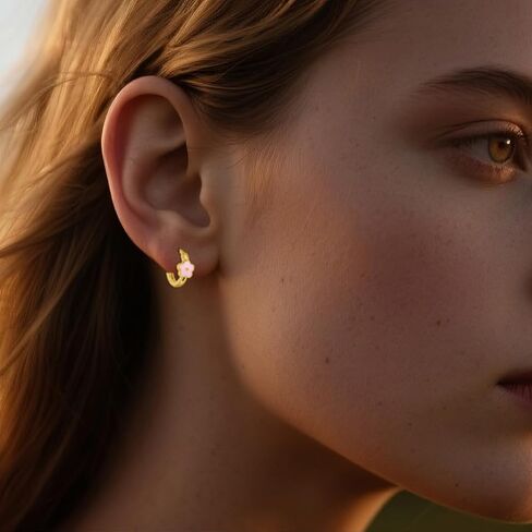 SLUYNZ Solid 925 Sterling Silver Pink Flower Earrings Hoop for Women Teens Cute Flower Hoop Earrings Huggie in Saudi Arabia