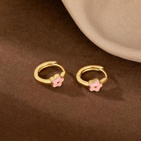 SLUYNZ Solid 925 Sterling Silver Pink Flower Earrings Hoop for Women Teens Cute Flower Hoop Earrings Huggie in Saudi Arabia