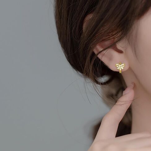 Reffeer Solid 925 Sterling Silver Small Bow Hoop Earrings Huggie for Women Teens Bowknot Huggie Earrings in Saudi Arabia