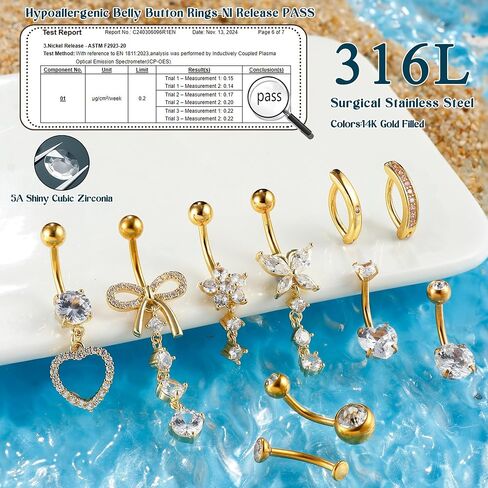 Cassieca 10pcs زر البطن الذهبية ثقب الحلقة الصلب-الفولاذ Cz القلب حلقات بطن للنساء تتدلى بمنيرات السرة القصيرة in Kuwait