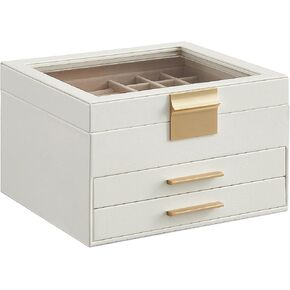 Songmics Jewelry Box منظم مع غطاء زجاجي ، تخزين مجوهرات من 3 طبقات ، مع درجتين ، نمط حديث ، 8 × 9.1 × 5.3 بوصات ، سحابة بيضاء وذهبية UJBC239WT