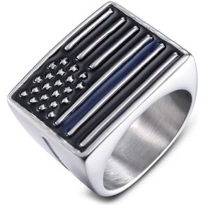 Blue Line USA Flag Ring Black American Police Flags Signet Biker Band