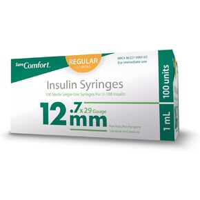 SureComfort U-100 Insulin Syringes 29G x 1/2" 1cc (12.7 mm), Quality Disposable Syringes for Diabetes Care, Box of 100