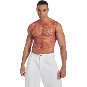 Mens Rhinestones Mesh Crop Tank Top, Sparkle Silver and Gold Fishnet Shirt for Men Club Party
