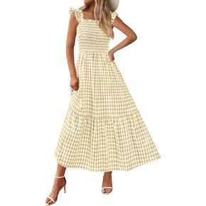 PRETTYGARDEN Womens Summer Dress Casual Square Neck Ruffle Strap Gingham Smocked Midi Flowy A Line Beach Vacation Sun Dresses