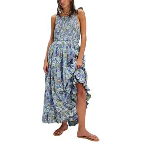 Amiblvowa Women Floral Maxi Dress Sexy Sleeveless Backless A-Line Long Flowy Dress Back Cut Out Spaghetti Strap Sundress