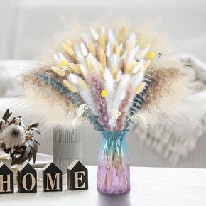 102pcs Dried Pampas Grass Flower Bouquet Decor-White Pompas Grass,Bunny Tails,Reed Grass Bouquet-Eucalyptus-Golden Ball for Boho Home Table Decor,Wedding Boho Flowers&Vase Fillers