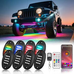 8Pods RGB-IC LED Rock Lights Kit with APP/RF Remote Control, Chasing Dreamcolor Multi Color Underglow Lights with Music Mode 12V Waterproof Exterior Fender Light for Trucks Jeep UTV Golf Cart Offroad