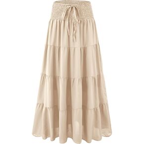 Womens Ruffle Maxi Skirts:High-Waist Elastic Pleated Long Skirt-Summer Casual Boho Flowy Skirts with Drawstring