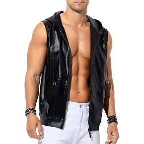 Arjen Kroos Men's Metallic Hoodie Vest Sequin Zip Up Sleeveless Rave Disco Shiny T Shirt with Pockets