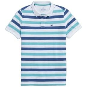 vineyard vines Boys Striped Pique Polo, Blue/White/Aqua, XL