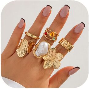Gold Rings for Women 6 pcs Chunky Gold Silver Stackable Rings Set Baroque Pearl Gemstone Flower Ring Statement Rings Adjustable Open Ring Fashion Jewelry Accessories for Women