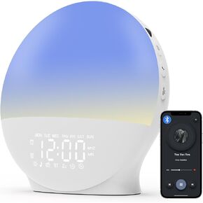 Massii Wake Up Light Sunrise Machine ، 22 أصواتًا مهدئة ، أضواء ليلية 17 ، مكبر صوت Bluetooth متزامن تلقائي ، مؤقت النوم ، تأثير إيقاع الموسيقى ، غرفة نوم الأطفال الصغار