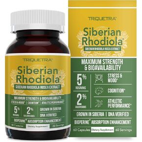 Max Strength Siberian Rhodiola®: Rhodiola Rosea 5% Rosavins, 2% Salidroside & BioPerine® for Enhanced Absorption – Helps Support Stress, Energy & Focus* – Grown in Siberia, DNA Verified (60 Capsules)