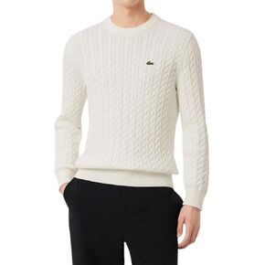Lacoste Men's Cable Knit Cotton Sweater, White & Green, 3X-Large