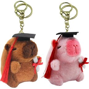 2 Pcs Capybara Plush Keychain,Capybara Stuffed Animals Toy Keychain,Doctoral Hat Capybara Ornament,for Graduation,Party, Easter Gifts (Brown, Pink)