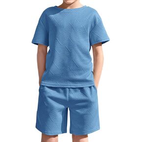 Haloumoning Boys 2 Piece Summer Outfits Short Sleeve Tshirts and Elastic Waist Shorts Casual Texture Sets