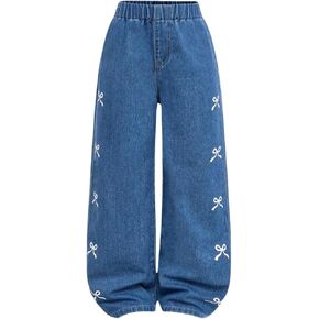 GORGLITTER Girl's Denim Jeans Pants Baggy Bow Elastic Waist Straight Leg Pant Wide Leg Joggers